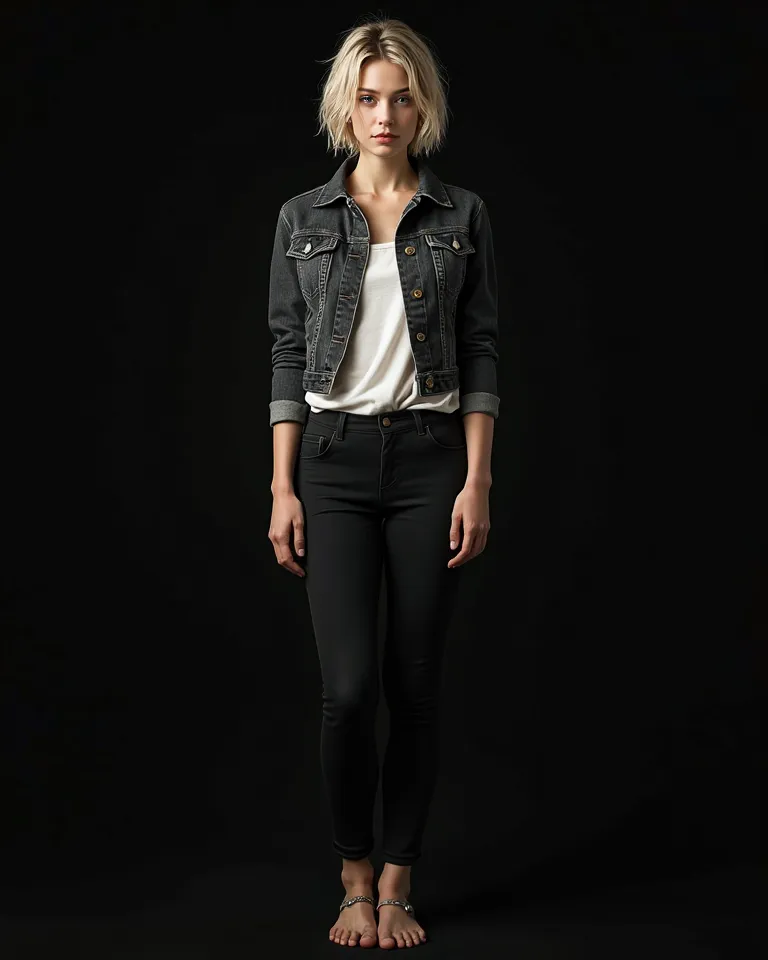 scared elegant gorgous young pale woman, wear White shirt, Jean jacket, black  long leggings. short blonde wet hair, perfect legs, splod black uniform background