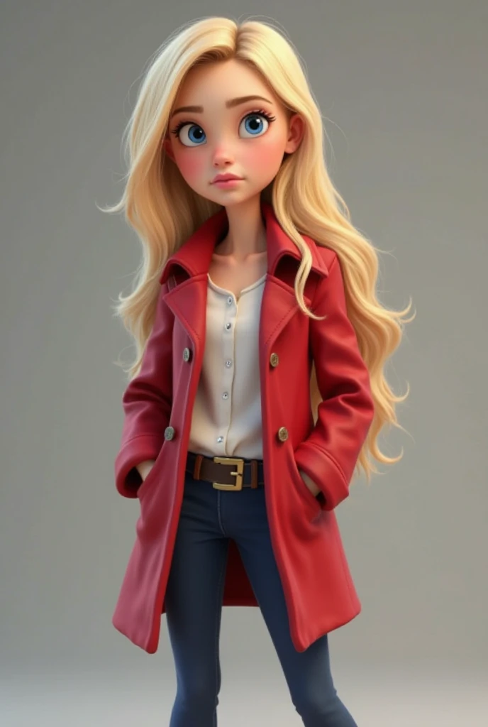  A 16-year-old girl , She has long blonde hair ,  blue eyes, wears dark blue tight pants, a white blouse and a red overcoat. has a serious look. The hands are in the coat pockets

Cartoon 2d style. 2d animation. Serious. 