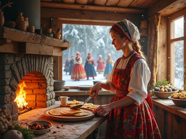 Cozy wooden izba interior, stone oven, rosy-cheeked Slavic hostess in traditional old Slavic clothes, colorful apron, headscarf, making pancakes, warm golden tones, rustic textures, Maslenitsa pancake festival theme, outside the window people in festive Sl...