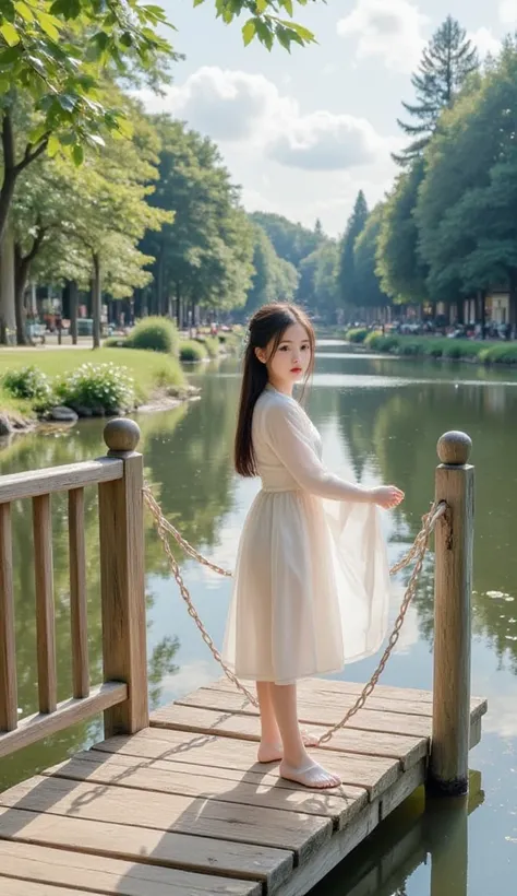 The girl stands on the wooden bridge by the lake