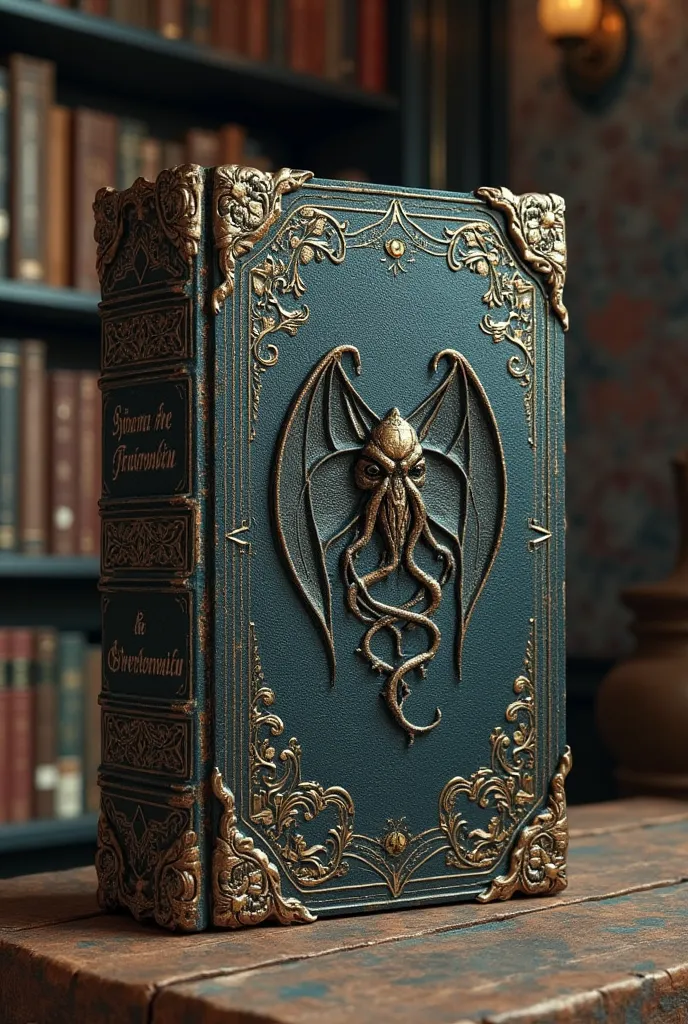 a book with Cthulu symbol and Necronomicon text at the cover in modern library