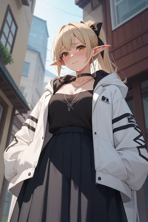 Elf、ponytail、Oversized ribbon 、black choker、necklace、 Chest Valley、black shirt、 Hooded Jacket 、white jacket、 Long Sleeve、stomach、long skirt with low skin exposure、black skirt、low angle、Embarrassed