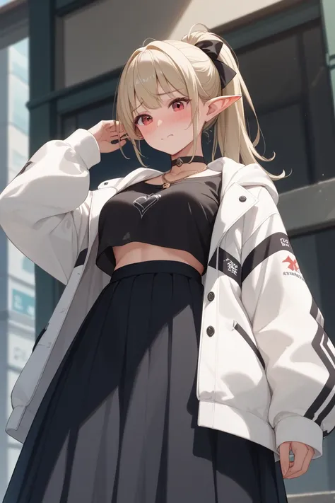 Elf、ponytail、Oversized ribbon 、black choker、necklace、 Chest Valley、black shirt、 Hooded Jacket 、white jacket、 Long Sleeve、stomach、long skirt with low skin exposure、black skirt、low angle、Embarrassed