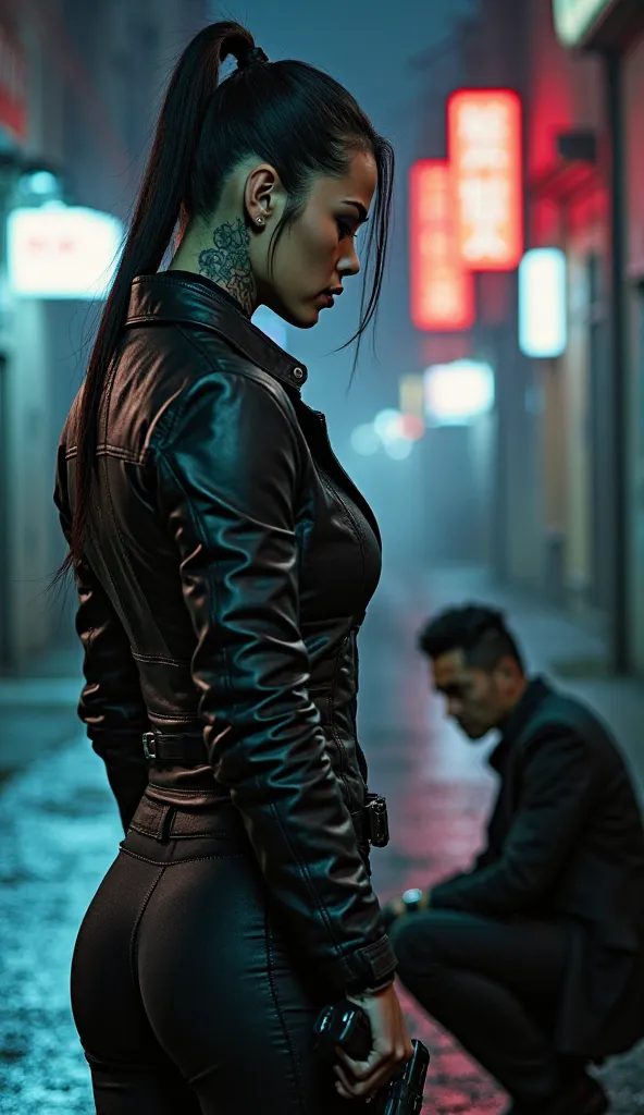 "A fierce and dominant half-Asian female Yakuza boss with her hair tied back in a sleek ponytail, standing in a full-frame cinematic shot. She wears a black leather jacket over a fitted tactical outfit, showcasing intricate Yakuza-style tattoos on her neck...