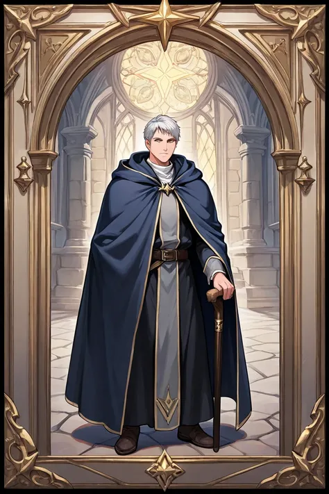  have a long cane,1 man, Silver Hair, standing picture,  wearing a cloak , short hair,adult male,wizard,handsome,