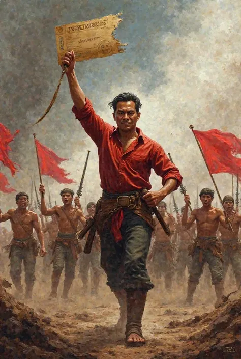 Andres Bonifacio, fierce and determined, leading a group of Katipuneros in battle. He holds a torn Cedula high in one hand, symbolizing defiance against Spanish rule. The Katipuneros behind him are raising their bolos and red banners, ready for revolution....