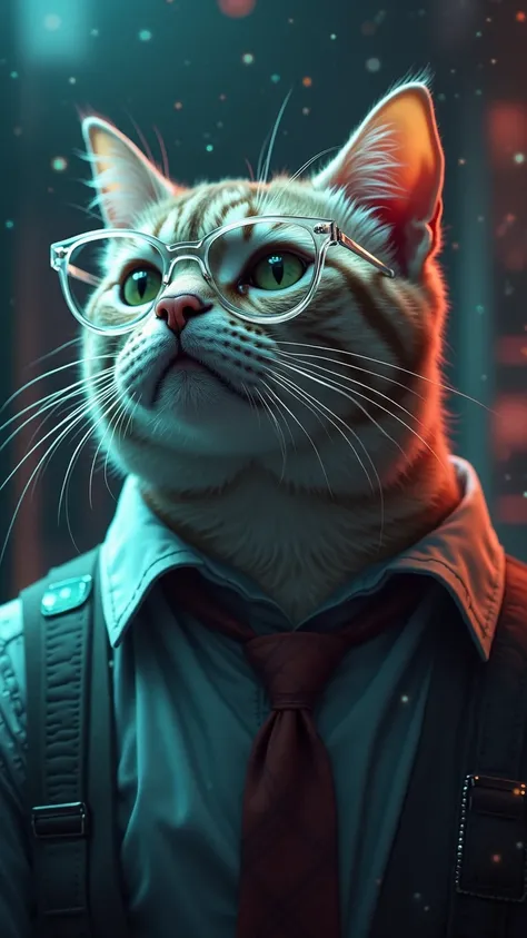 A close-up of a serious-looking cat, wearing transparent glasses. The cat's expression is intense and focused, looking upwards with a sharp, calculating gaze. It wears a shirt with a collar and a neat tie, adding to its sophisticated yet tough appearance. ...