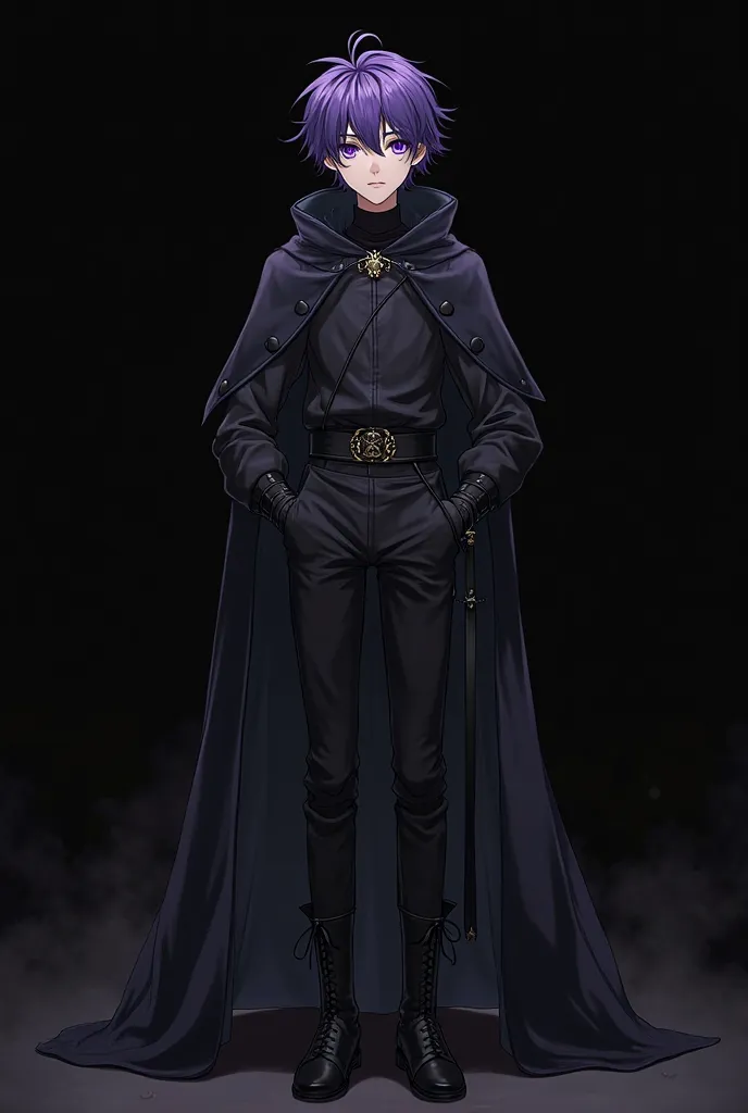 1male, beautiful 16-years-old age boy, 5 foot 8 inch height, thin body build, beautifull young tall apperence, violet eyebrows, violet eyeslash, short deep violet sharp hair that is tousled in all directions, violet eyes, dressed in a black cloak, black me...