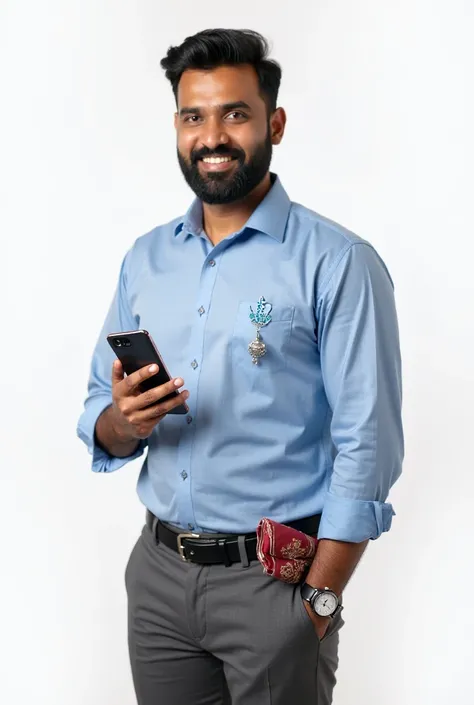 A 35-year-old Bangladeshi man, Rahim Khan, standing confidently against a bright white background. He wears a tailored sky-blue formal shirt with subtle paisley embroidery on the collar, paired with charcoal-gray trousers and polished leather shoes, reflec...