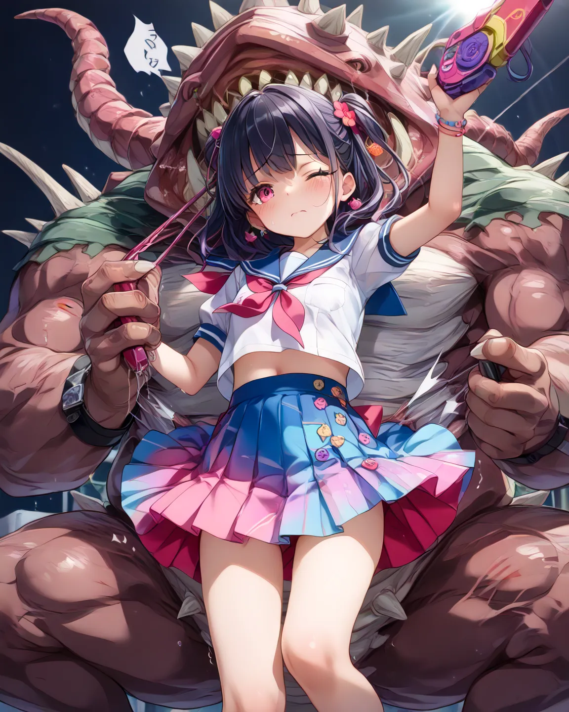  TOP QUALITY、((Ultra Fine Illustration)),(The girl&#39;s whole body is visible、 Anime Girl 、A monster is stabbing a girl:1.9), high definition,  Anime Girl 、cute、detailed skin texture with hair on back of hand, detailed fabric texture,   extreme detailed e...