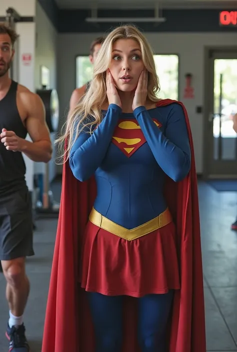 Supergirl is standing in the fitness room, both hands holding cheeks ,facial expression of wonder and amazement,background of people exercising,door and didnding glass, realistic image ,HD quality,camera full 