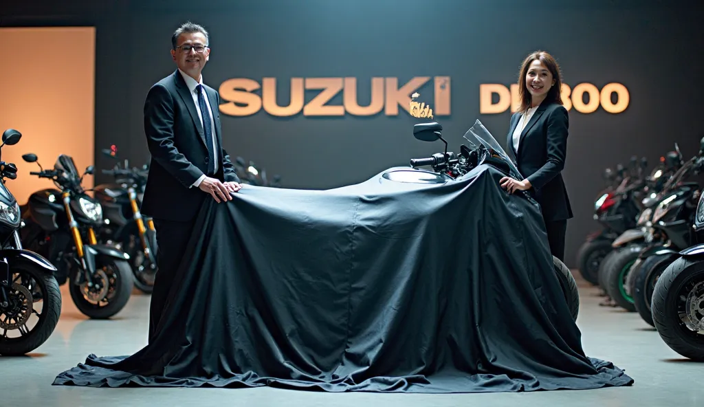 partially half covered with a white  . A man and woman are standing next to the bike, ready to unveil it. The background contains other bikes and a wall with a large, 2025 NEW SUZUKI DR 800







