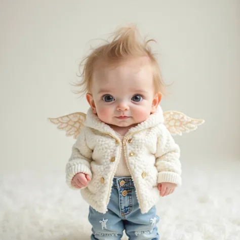 cute white mini baby in a hooded jacket and jeans . Fashion.