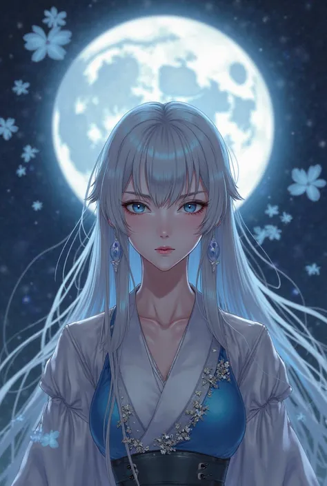  Artwork, better, night, full moon,  female 1 person, mature woman, Western style, middle ages, sister,  Royal Sister , Kind Face,  expressionless,  silver white long haired woman,  pale pink lips ,  mysterious , intellectual, Beautiful clothes, Hitomi blu...