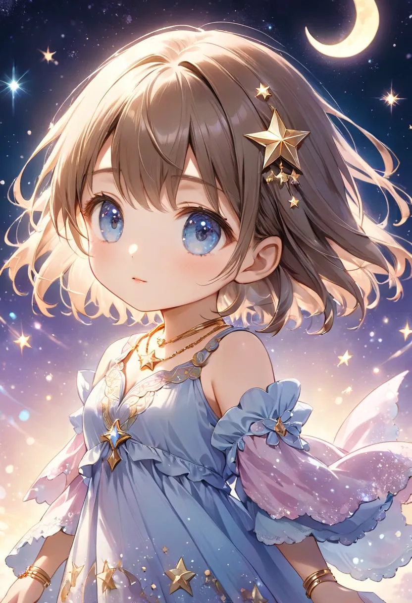 A highly detailed Dreamy fantasy anime-style illustration of Chibi-Style, vivid Copic marker anime illustration, maintains a 3:1 head-to-body ratio, (peaceful and charming  (cute immature girl:1.3), (soft brown chestnut-colour short wavy bob cut:1.3), (gol...