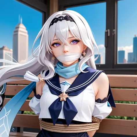 masterpiece, best quality, 1 girl, loli, firefly (honkai:star rail), white hair, long hair, hair between eyes, branch, earrings, flower, sailor uniform, detached sleeves, blue scarf, long scarf, scarf around neck, sailor collar cape, headband, small breast...