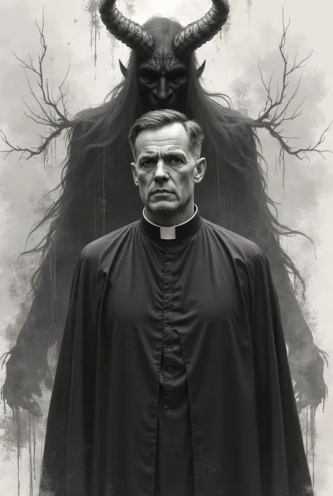 Graphic realism tattoo sketch a priest in a cassock with a calm face and in the background a dark entity looks like the devil 