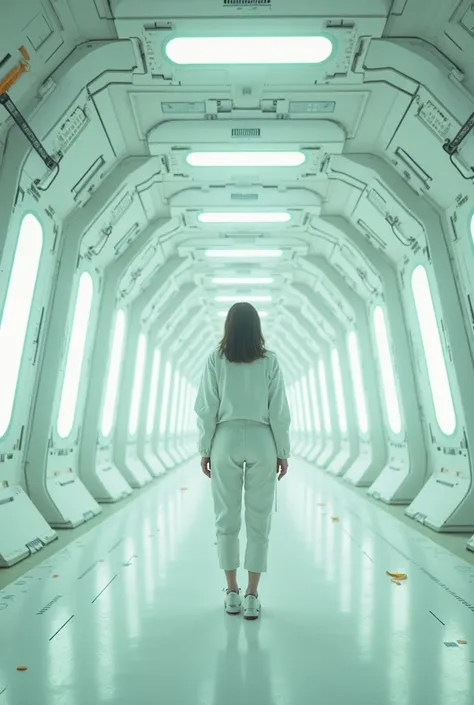 Photorealistic. Full shot. A pure white and green room of a space station. Large monitors are hanging on the walls, on which the inscription "DARSAI" is clearly visible. The entire space is white and inorganic, but bright white lights are hung everywhere. ...