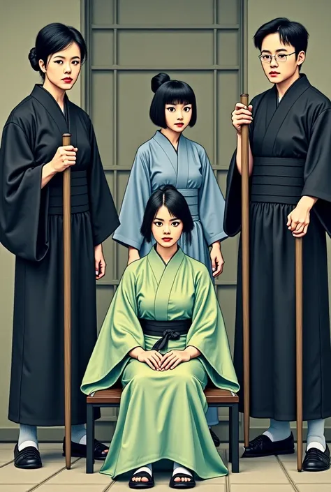 （ Real Stick ）A woman wearing a light blue kimono seated at the execution site of the magistrate's office（outside）A female prisoner in a light green kimono seated at、The female prisoner's hairstyle is tied、Two Gin Yoriki wearing black kimonos surround the ...