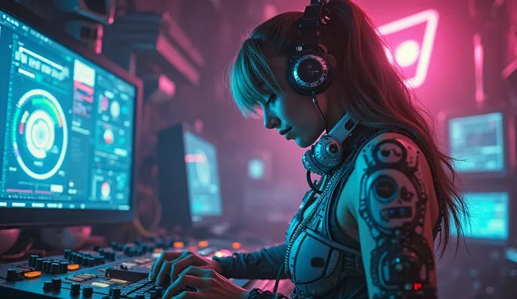 A, hot lady music operator wear a headphone robotic, mix electro