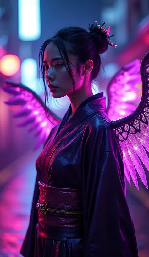 A mysterious and powerful female figure, combining the ethereal beauty of an Edo oiran with the sleek, metallic allure of an advanced android. She wears magnificent wings like a phoenix and japanese kimono, glowing in vibrant, rich purples that shimmer lik...