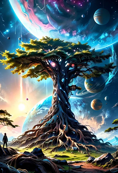 (graphic novel style, dark novel style),(anime),(masterpiece:1.4), (colourful, soft cinematic light:1.1), incredibly lifelike, Extremely high-resolution details, 8k, best quality, extremely detailed, contrast, giant tree in space, no earth, planets like fr...