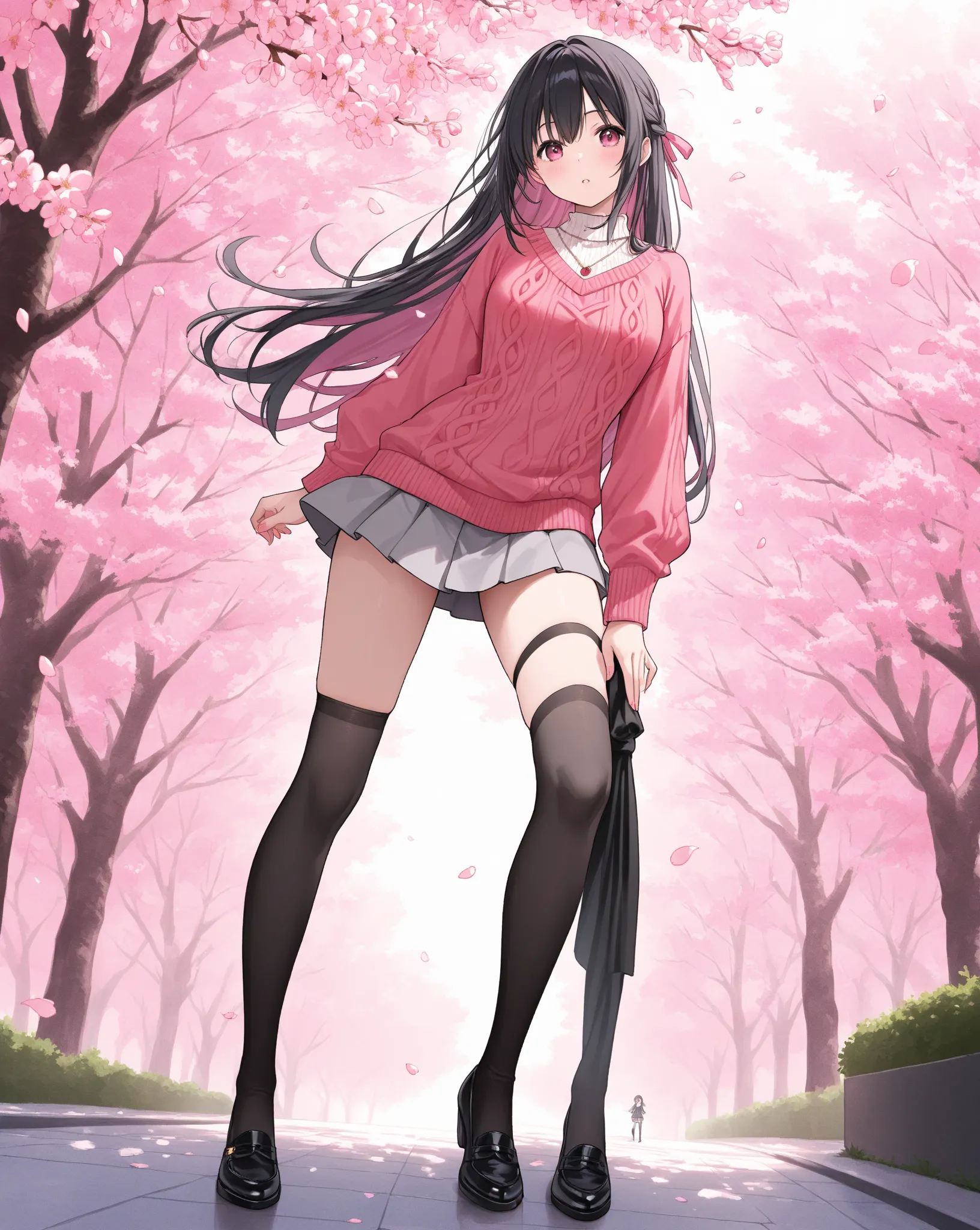 Standing in front of a cherry tree、 Petals dance 、plain round neck knit、coral pink 3/4 sleeve short sweater、gray miniskirt、black knee-high socks、black thick soled shoes