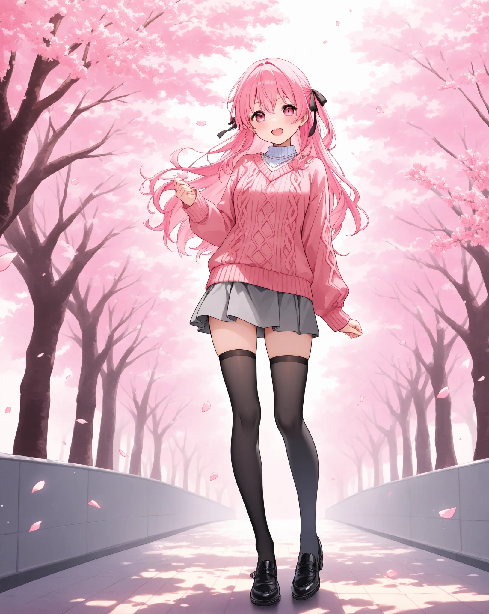 Standing in front of a cherry tree、 Petals dance 、plain round neck knit、coral pink 3/4 sleeve short sweater、gray miniskirt、black knee-high socks、black thick soled shoes