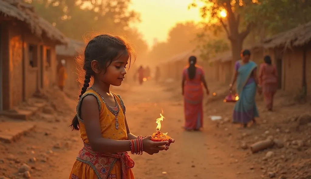 A very clear Hd dhynamic image of An maid used to spread the "A small, innocent  Indian girl named Aarti, wearing a simple traditional dress, playing near her home in a rural Indian village. In the background, her family members are engaged in daily chores...