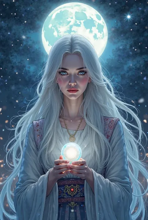  Artwork, better, night, full moon,  female 1 person, mature woman, Eastern European Wind, middle ages, sister,  Royal Sister , Kind Face, Kind expression,  silver white long haired woman,  pale pink lips ,  Fortune Teller, intellectual, Beautiful clothes,...