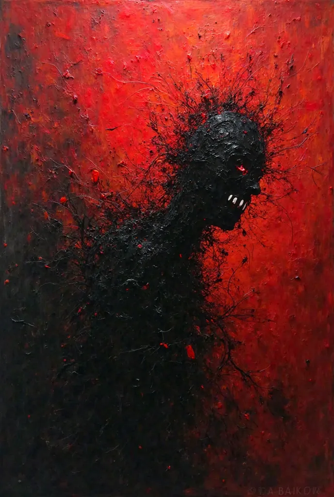 An abstract expressionist painting in dark, vivid reds and blacks, with sharp, jagged brushstrokes conveying raw, intense hatred. A swirling central form of chaotic energy, distorted faces or silhouettes evoking anger and aggression, and harsh lighting tha...