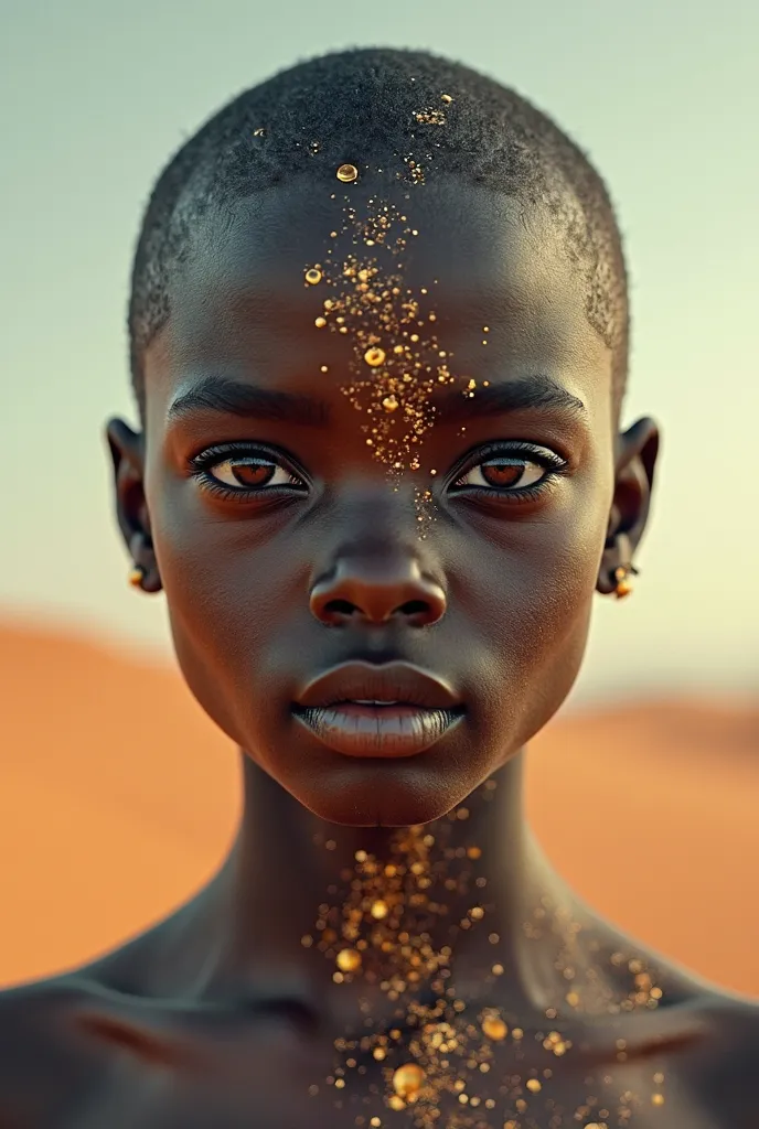 The face of a young black girl with a shaved head appears filigree in the sky of a hot desert.