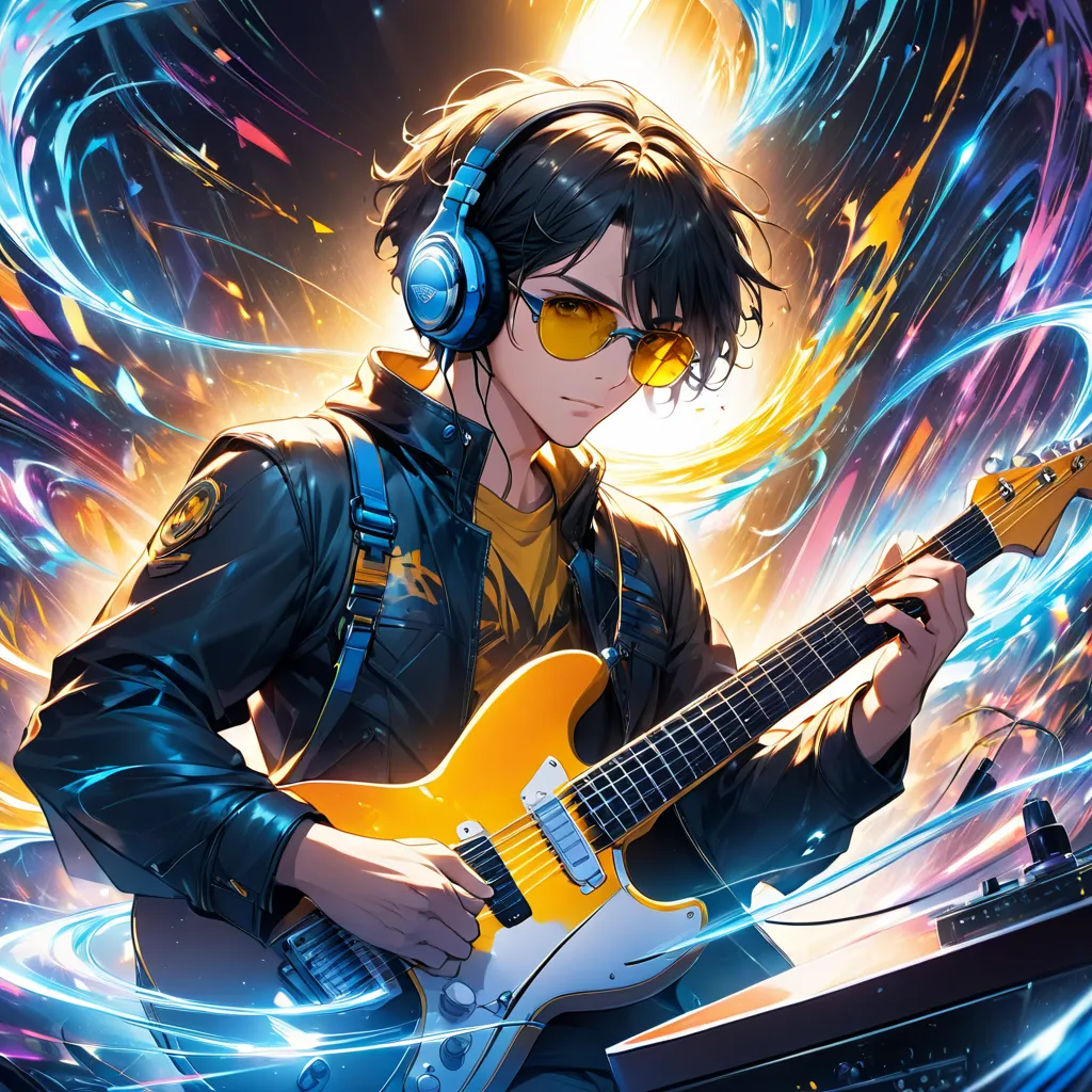  perfect anatomyで、Accurate、very detailed、Face of a boy wearing yellow sunglasses、playing a guitar in a black jacket。,  Close-up Dynamic Angle of a Guitarist Using Headphones with Blue Light Swirling in the Background,  bright light 、very detailedデジタル, Art ...