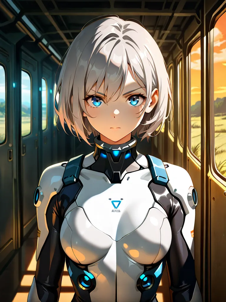 ((((  masterpiece)))), (((( top quality made of straw)))),  high definition,fine grain, detailed faces,4K,1 girl,Gray Hair,short hair,mechanical, perfect suit,pilot suit with gloves,Near future, blue eyes,serious eyes, in the sun's nature,corridor,while pr...