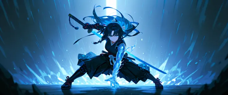 best quality, high detailed, Samurai Girl, mechanical right arm, iai stance, katana, big weapon, frozen arm, cold blue flame, Slash effect, serious, beautiful eyes, super fine eyes