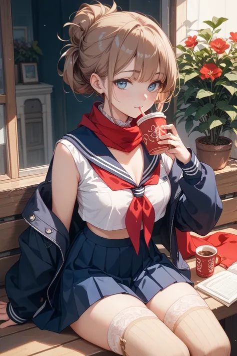   girl、Soft brown hair up to the shoulders、 white skin、F cup chest wearing、 Dark Blue Sailor Suit （White collar、Red scarf、pleated skirts that blow out）、 beige stockings 、