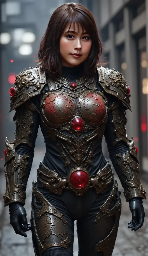 8k, Ultra High Definition, realistic, full body,  beautiful, captivating,   It depends on a female spaceship's Kuiper Belt, Kim Ji Wonの複雑な表情, Deep cleavage ,   is 、 Draconian Kuiper Belt to fight against the reptilian army, Heavily armed,  Ruined Battle Sp...