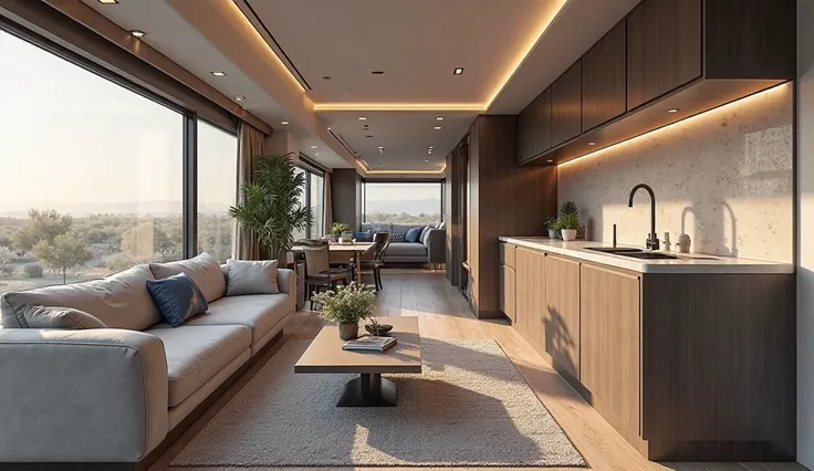 Show me Realistic interior of 2025 Mercedes motor home from living Area, photo, 3d render