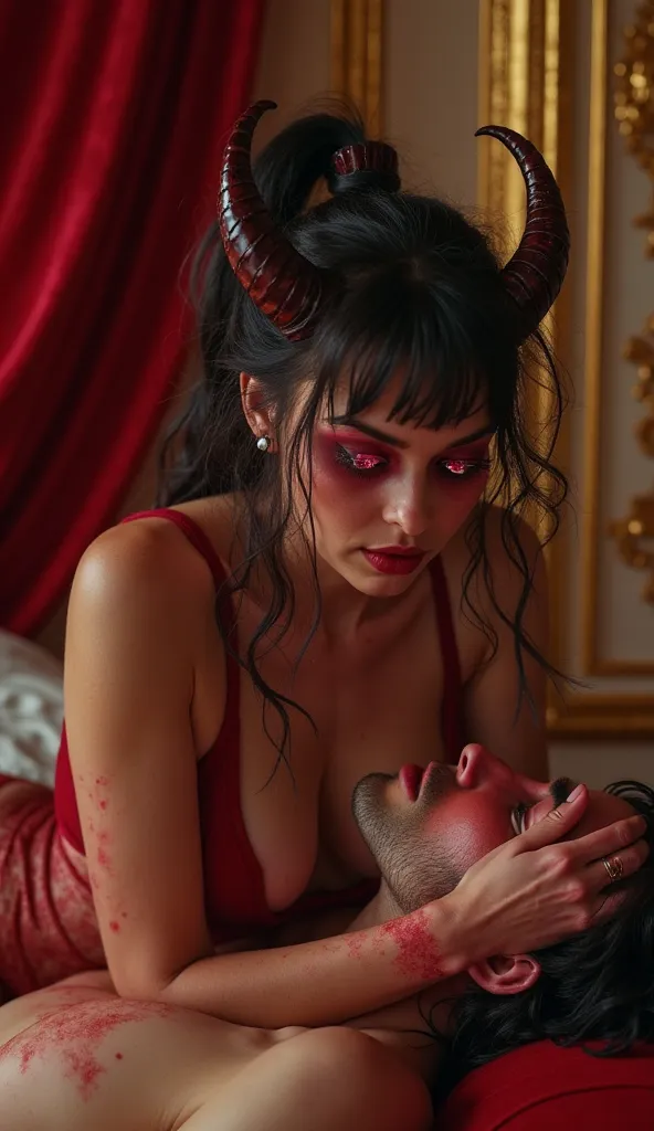 A 19-year-old demon woman, 1.60m tall, with crimson-toned skin, glowing eyes, and curved horns. She is in a luxurious setting, with velvet curtains, soft lighting, and golden details. She is kneeling, performing oral sex on a man, with an intense and focus...