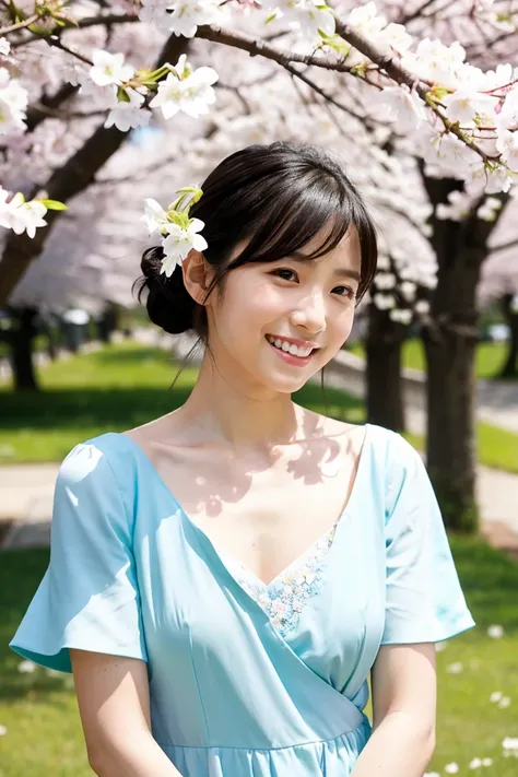 「A 35 year old cute Japanese woman。has dark hair up to her shoulders blowing in the wind、has a bright smile。She has small breasts、She is casually wearing a white t-shirt and light blue denim。At the spring park、She sits under cherry blossoms in full bloom、i...