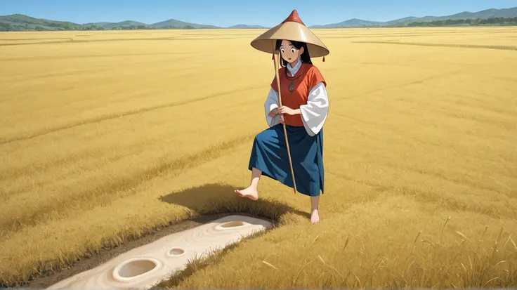 "A traditional Vietnamese woman wearing a conical hat and peasant clothing, standing on a rice field, placing her foot into a giant footprint on the ground. She looks surprised. The scene is warm and peaceful, with golden rice fields under a blue sky."