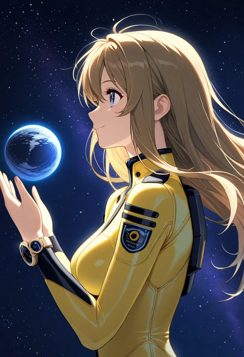 ( masterpiece, TOP QUALITY), , 1 girl, , Alone,   yellow_bodysuit, smile, , watch viewers, (black starry sky space), spaceship, profile,   night ,  beautiful lighting arranged in an orderly manner, starry sky, profile, 200mm, 