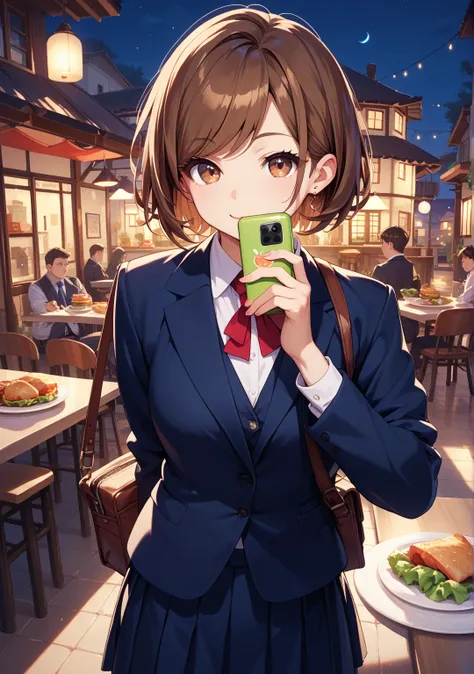 Selfie,one girl, suit, skirt,night,Town,short hair,brown hair, brown eyes, swept bangs,bag, Selfies, restaurant。 tie, fat uncle,dinner