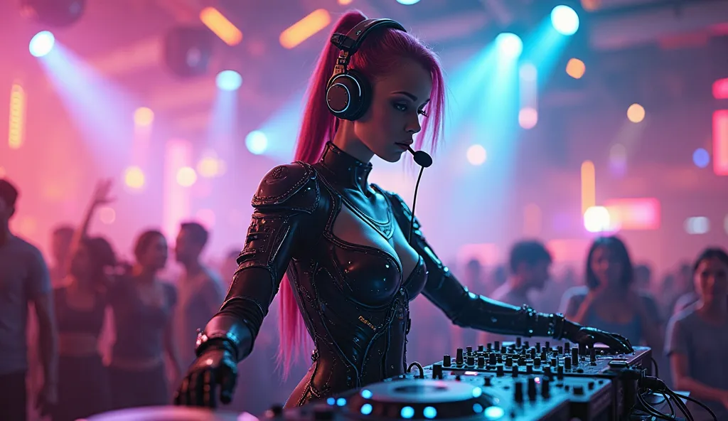 A, hot lady music operator wear a headphone robotic, in dance club, party