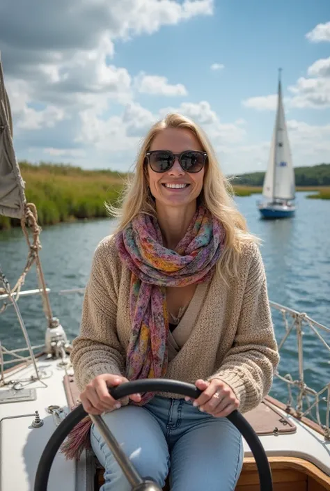 Here’s a prompt describing the picture:

"A cheerful woman with blonde hair, sunglasses, and a warm smile is sailing a small boat on a sunny day. She is dressed in a cozy beige knitted sweater, a colorful scarf, and light blue jeans. She is holding the til...