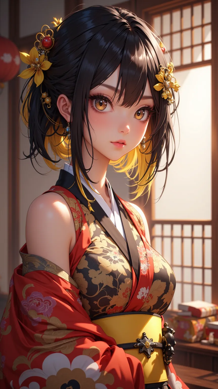 An adult Seeborg woman showing elegance and charm，has striking brown eyes and diamond-shaped pupils，Wearing a short kimono，accentuates her slim waist and long lashes。Her black hair and yellow highlights give her a unique look。