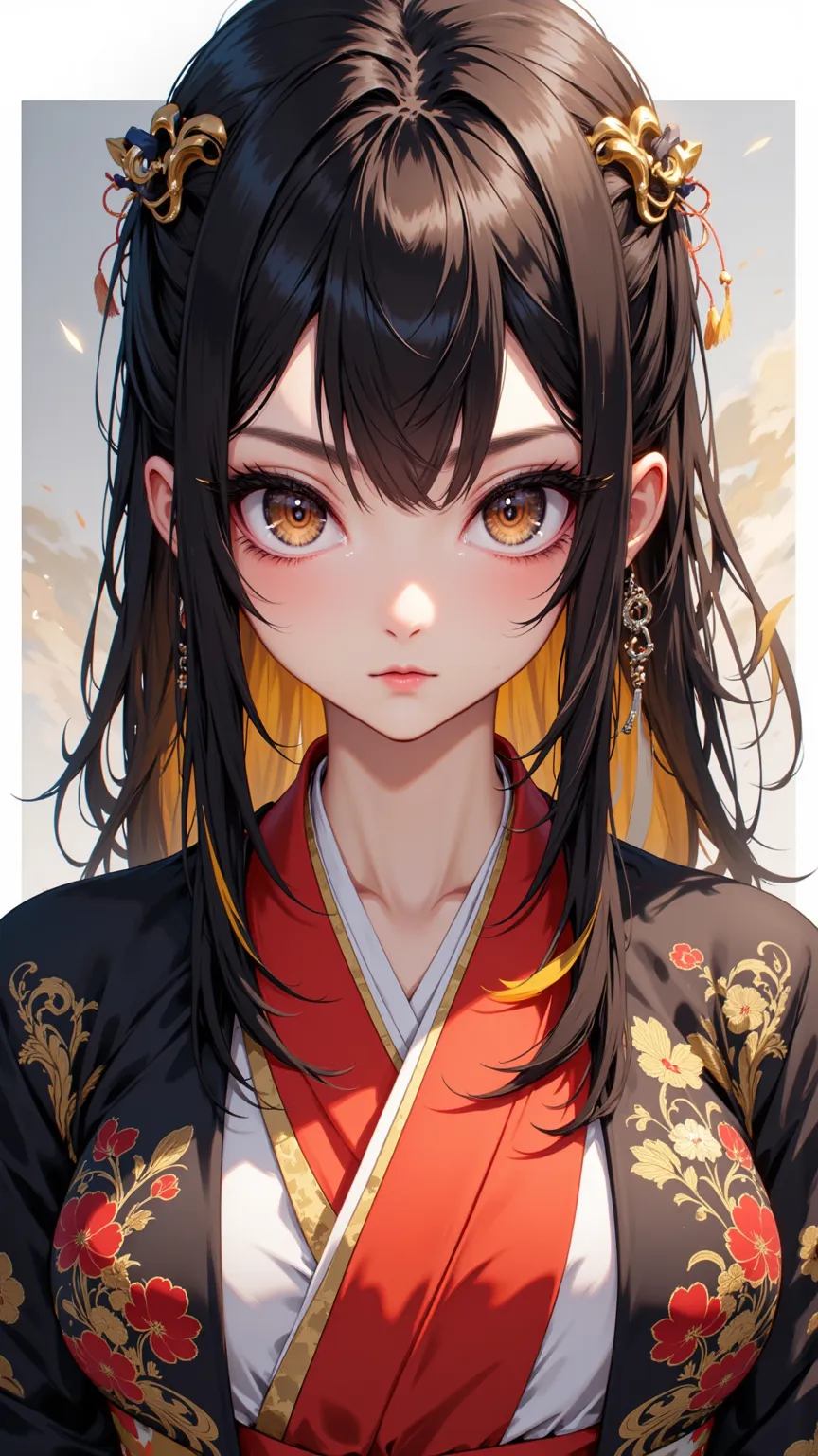 An adult Seeborg woman showing elegance and charm，has striking brown eyes and diamond-shaped pupils，Wearing a short kimono，accentuates her slim waist and long lashes。Her black hair and yellow highlights give her a unique look。