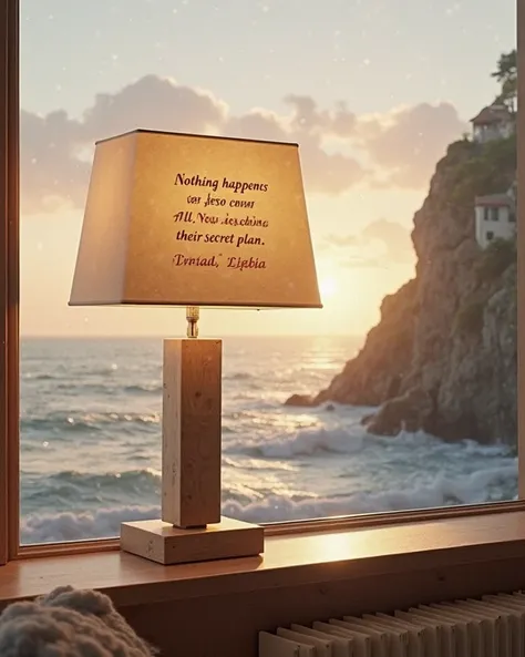 A rectangular beige metallic lamp with an oak base. The phrase written in lower case and in Spanish is engraved on the metal: Nothing happens by chance, All things have their secret plan. Realistic quality image. The lamp is in front of a window from which...