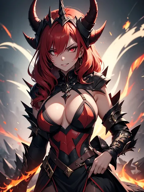 A waist-up portrait of Queen of Pain from Dota 2 in her 'Eminence of Ristul' set. Her entire body is covered in smooth, crimson-red skin, radiating an infernal glow. She has piercing, fiery eyes and long, curved black horns that add to her demonic elegance...