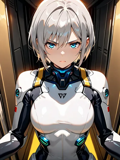 ((((  masterpiece)))), (((( top quality made of straw)))),  high definition,fine grain, detailed faces,4K,1 girl,Gray Hair,short hair,mechanical的な装備,mechanical, perfect suit,pilot suit with gloves,Near future, blue eyes,serious eyes, in the sun's nature,co...